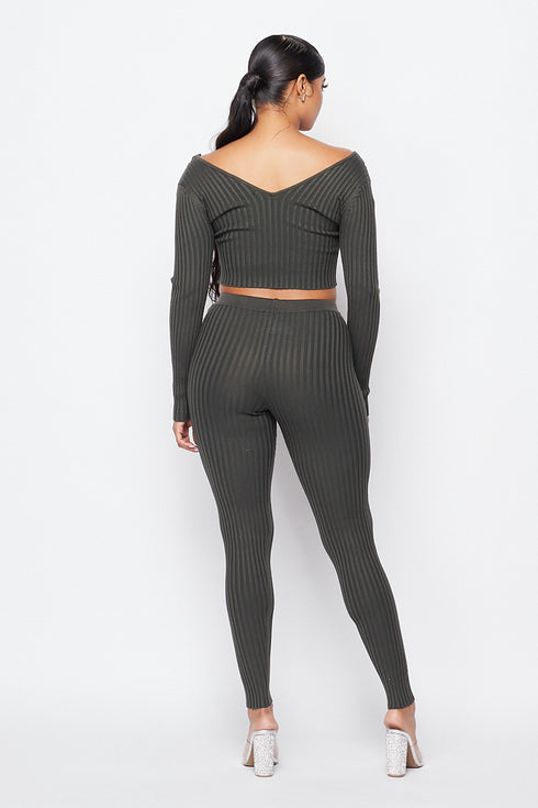 2 Piece Rib Knit Legging Set With V Neck Crop Top - Olive - SohoGirl.com